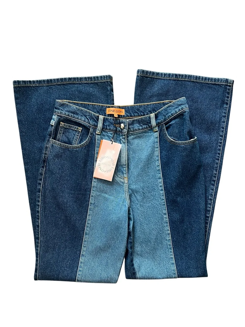 Stine Goya Women’s High Rise Two Tone Flared Split Wash Jeans Size 28 NWT